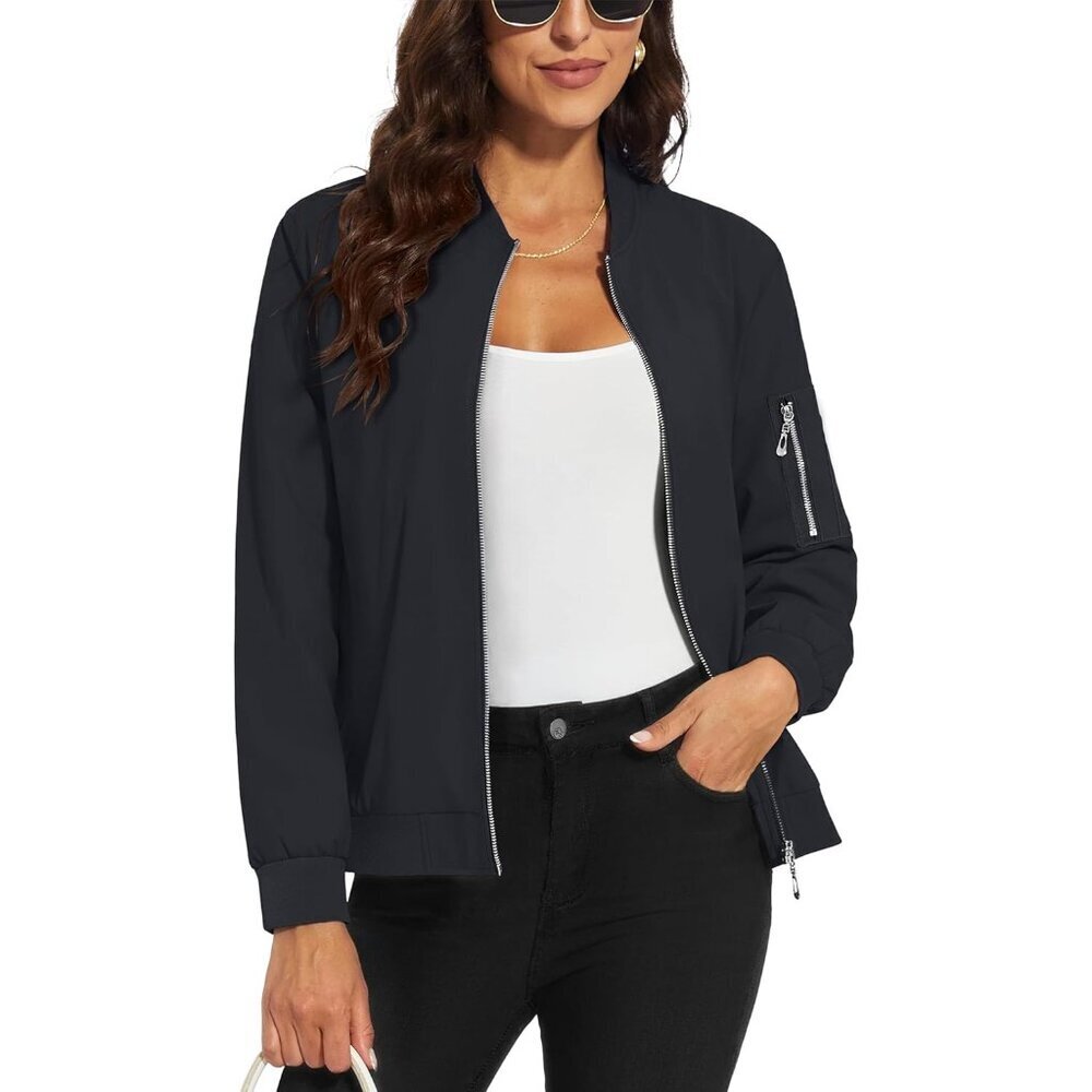 Women's Casual Jacket Bomber Jackets 5 Pockets Windbreaker Zip-Up Spring Black